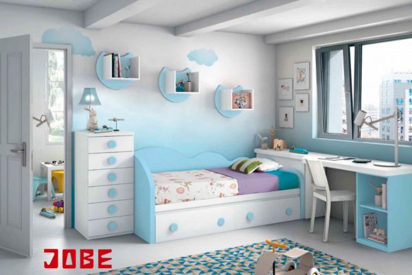 cama nido con cajones y con forma de nube, color blanco y celeste muebles jobe calatayud brea de aragón