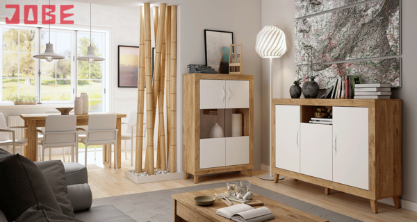 aparador y vitrina con patas nórdicas, frentes blancos y color bambú muebles jobe calatayud brea de aragón