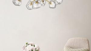 lámpara dorada con tulipas de cristal con formas de cubitos de hielo modernas y actuales. Está disponible para lámparas de mesilla, se sobremesa, apliques de pared, lámpara de techo en diferentes medidas y colores