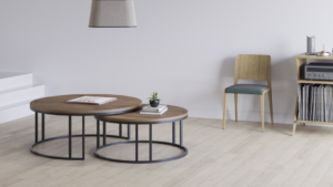 mesas nido redondas de estética ligera y actual. El diseño de las patas rectas metálicas combinadas con la tapa de madera
