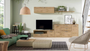 mueble para salón en roble nudoso sintético de estética ligera y actual. Está fabricado en un laminado de alta calidad y podemos combinarlo con diferentes colores.